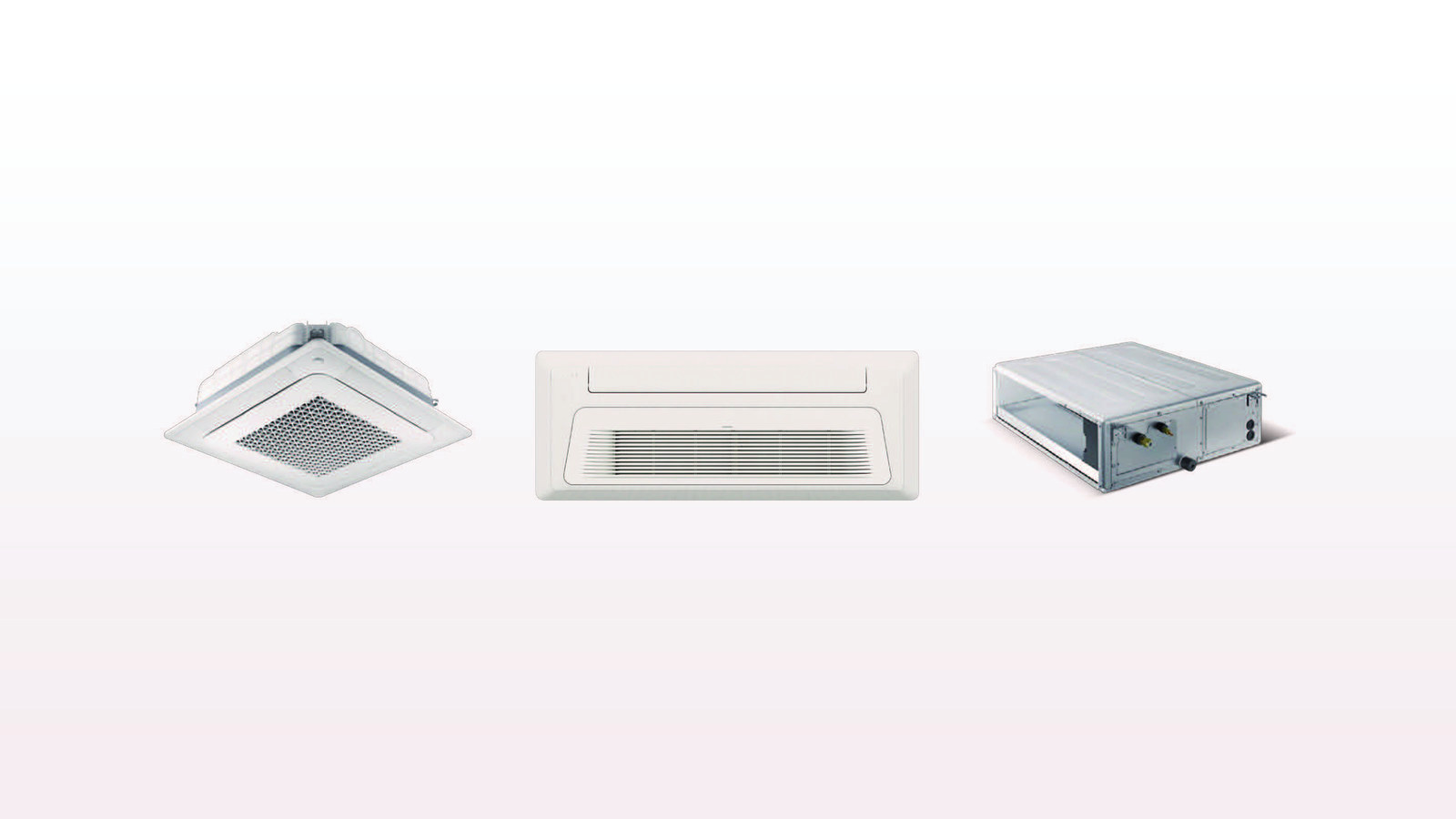 삼성 시스템에어컨 실내기 제품 컷 — 무풍 4Way 카세트, 무풍 1Way, 덕트형